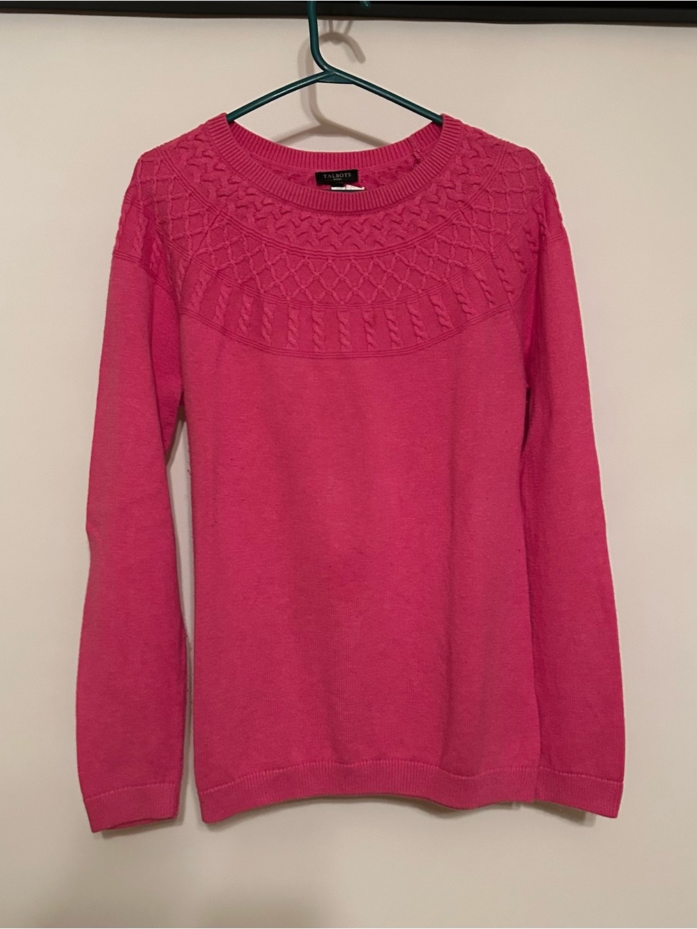 Talbots Hot Pink Cable-Yoke Crewneck Sweater
